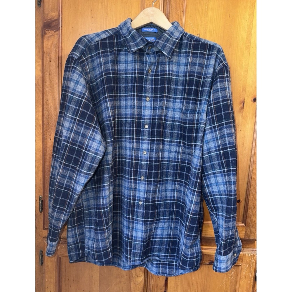 Vtg Pendleton Blue Plaid Virgin Wool 2XL XXL Men's Button Long Sleeve Shirt USA